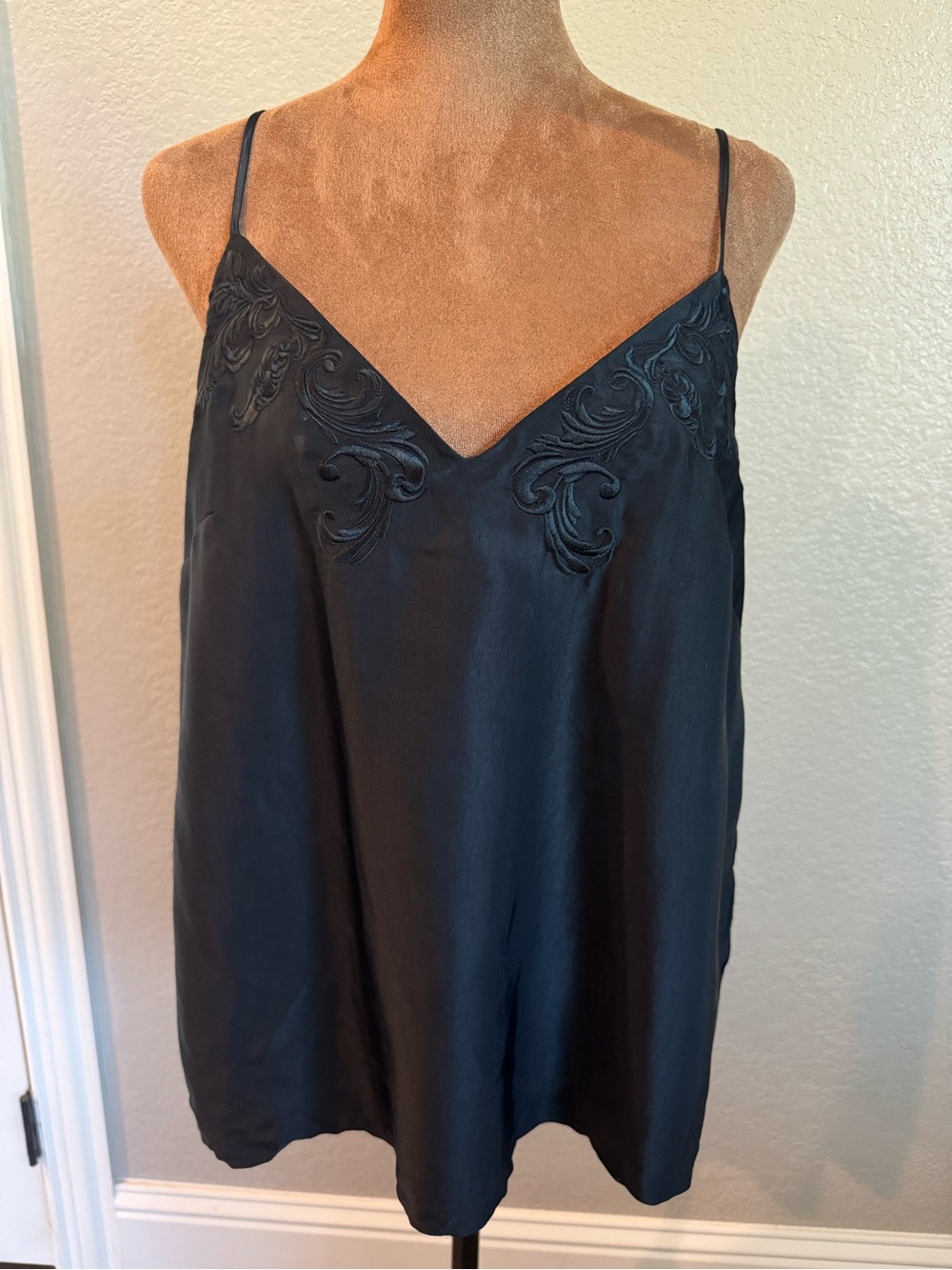 H&M Black Embroidered Satin Cami Size 10 Adjustable Straps
